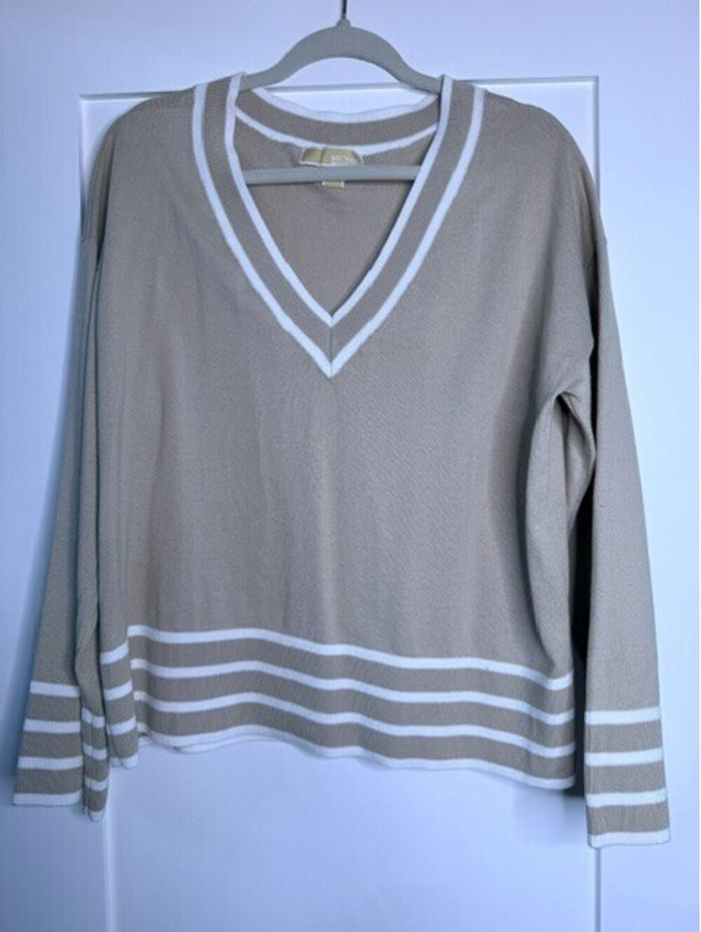 Michael Kors Women's Sweater Large Beige White Stripe V Neck Varsity Pullover